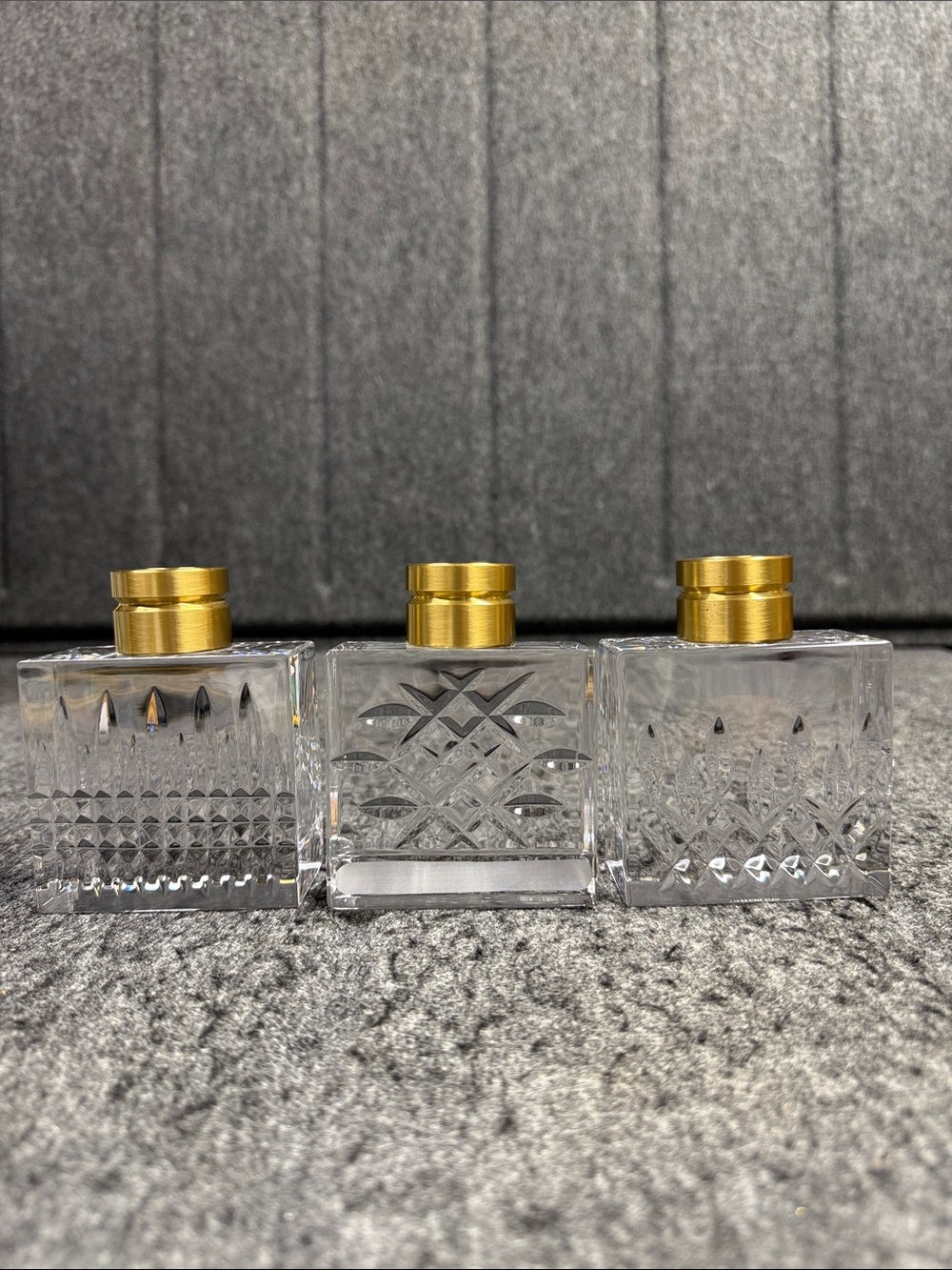 Waterford Crystal Clear Cut Glass Vanity candle holder with Gold Caps - Trio
